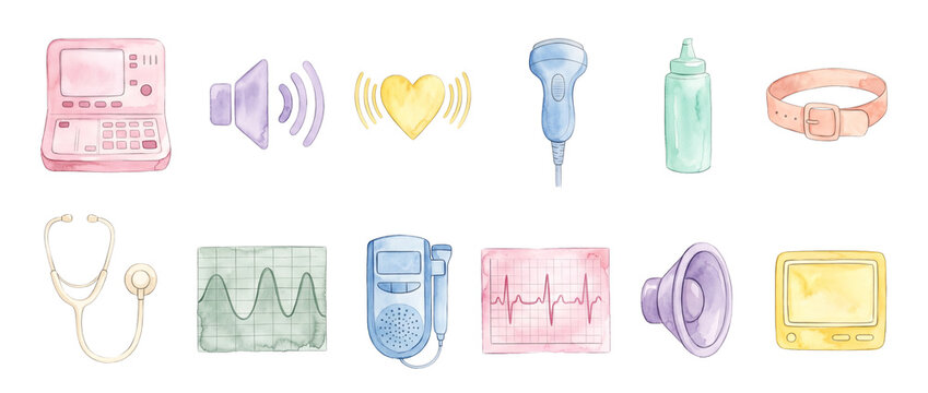 Watercolor Medical Ultrasound Icons Set featuring stethoscope, fetal doppler, heartbeat monitor, and transducer probes for veterinary and pregnancy diagnostic illustration isolated on black background