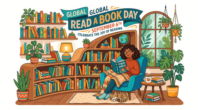 A cozy illustration of a person reading in a book-filled room with plants and a sleeping cat, celebrating Global Read a Book Day on September 6th.