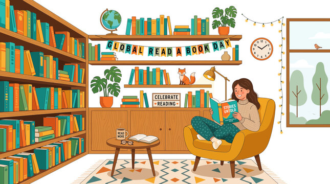 A cozy and inviting reading room with a woman relaxing in an armchair, surrounded by bookshelves, plants, and decorations celebrating reading.