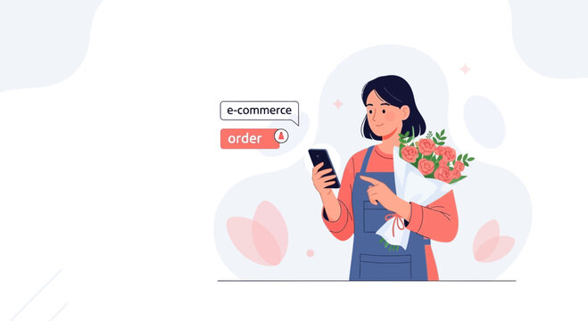 Florist receiving an e-commerce order for flowers on her smartphone, concept of online business and floral delivery