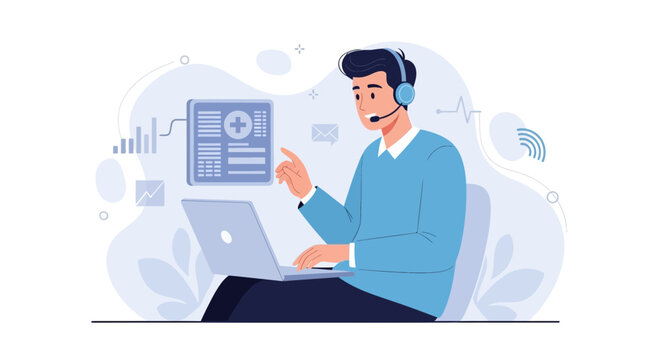 Healthcare Technology and Telemedicine Concept: Doctor with Headset Working on Laptop, Analyzing Medical Data and Patient Information.