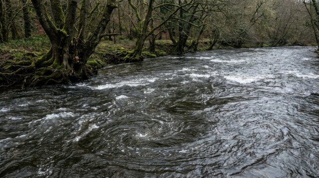 river water with currents and eddies swirling past large trees