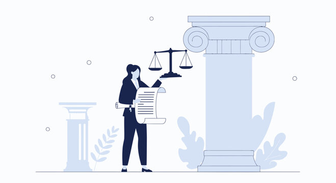 Lawyer holding scales of justice and scroll near columns, representing legal justice and law.