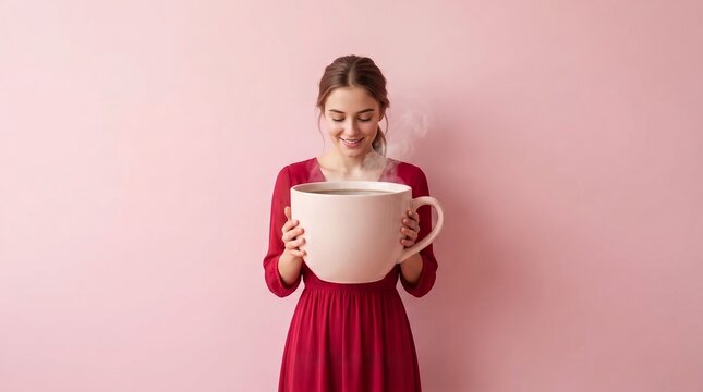 A smiling young woman in a red dress holds an oversized steaming white mug against a pink background.