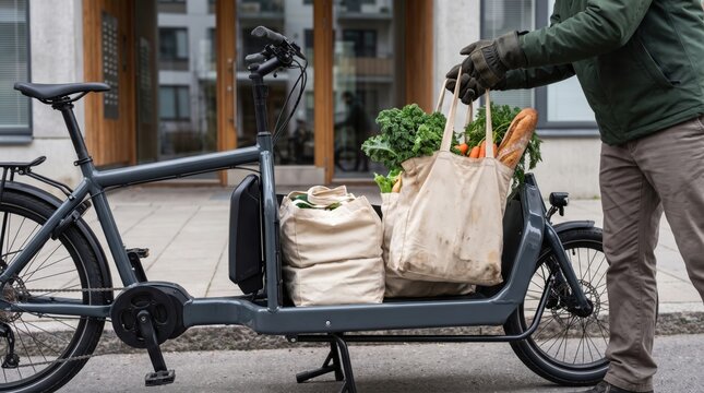 Cargo E-Bike Delivery concept. Electric cargo bike loaded with groceries outside residential building
