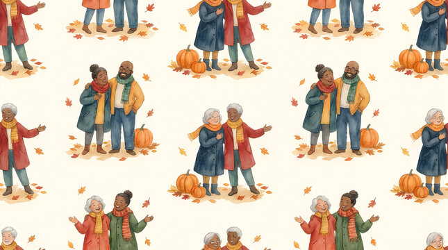 Seamless pattern of happy senior couples with pumpkins and autumn leaves in fall season