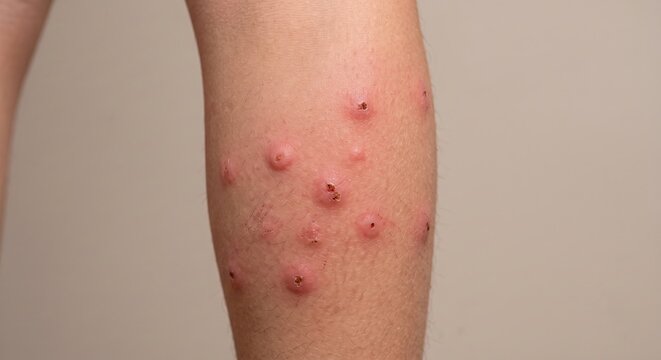 Close up view of multiple red flea or bedbug bites with crusted centers on leg