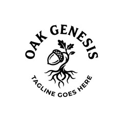 Circular Oak Genesis logo featuring sprouted acorn and roots. © Aroma