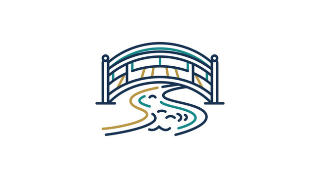A minimalist vector illustration of a decorative arched bridge over a flowing river