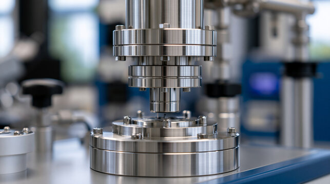 Close-up of a mass spectrometer ionization chamber inside a scientific laboratory, analytical technology concept, with copy space