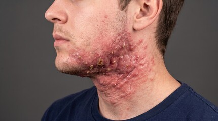 Naklejka premium Side profile of young man with severe cystic acne conglobata lesions on jaw and neck
