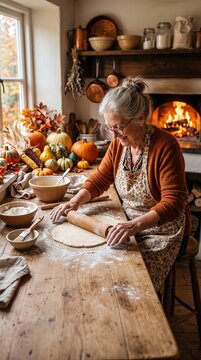 Elderly woman rolling out pie dough in a cozy kitchen with a fireplace and autumn decorations