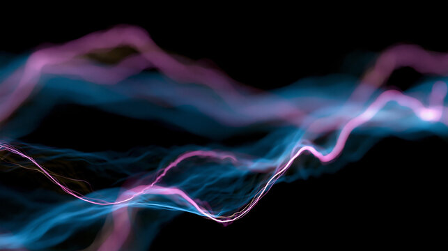 Abstract representation of plasma energy and electromagnetic waves glowing in blue and purple tones, futuristic science concept, with copy space
