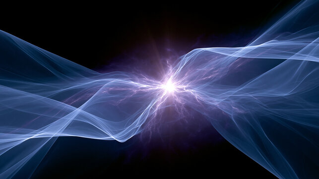 Abstract representation of plasma energy and electromagnetic waves glowing in blue and purple tones, futuristic science concept, with copy space