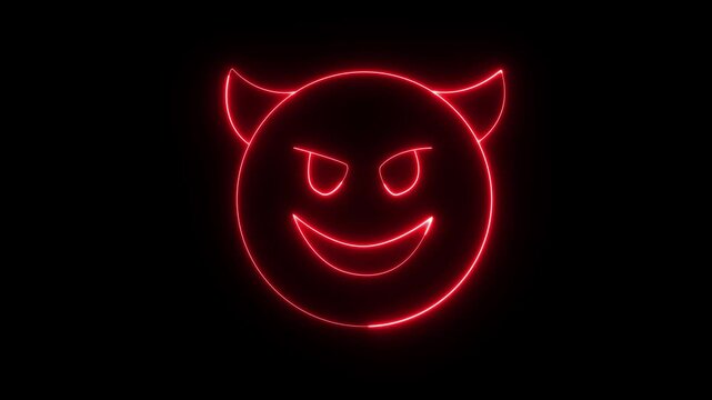 rad glowing neon devil icon animation neon demon emoticon devil with grin face on Black background