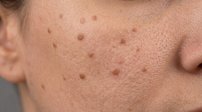 Close up photo of multiple intradermal nevi mole bumps on woman's cheek skin