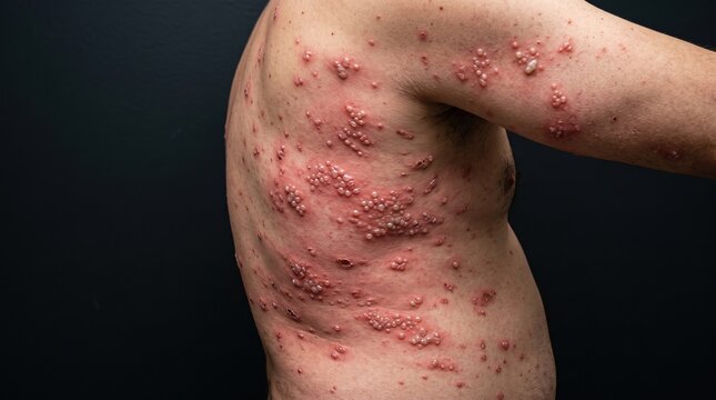 Side view of male torso and arm with severe herpes zoster shingles blister rash
