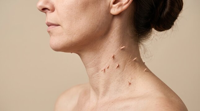 Side view portrait of woman showing multiple acrochordons skin tags on neck and shoulder