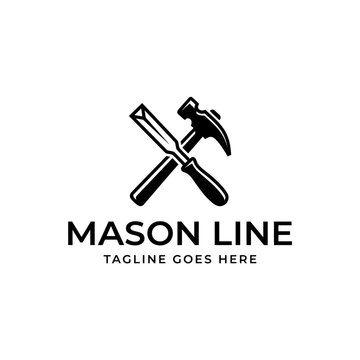 Crossed hammer and chisel logo for masonry and construction.