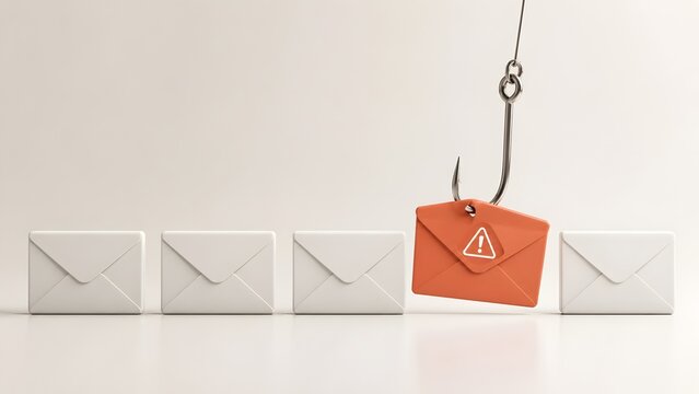 Cyber security concept showing spam filter detecting malicious email with hook lifting orange warning envelope from white ones