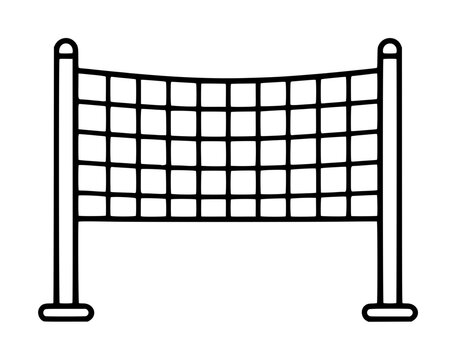 Hand traced black and white vector illustration of a sports net with two vertical posts and a sagging square mesh grid, minimal outline icon style for athletic games