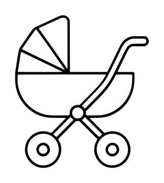 Minimalist hand-drawn vector icon illustration of a classic baby stroller with canopy hood, two wheels, and curved push handle in simple black outline style on white background, perfect for nursery