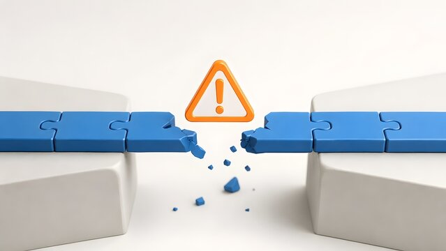 System failure and missing link concept with broken blue puzzle piece bridge and orange warning sign on white background