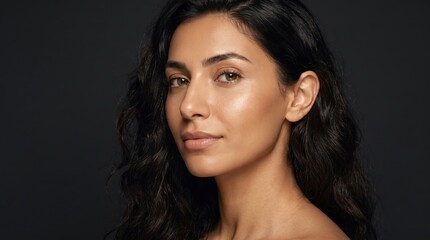 Fototapeta premium Portrait of attractive Middle Eastern woman with glowing smooth dark skin and wavy black hair