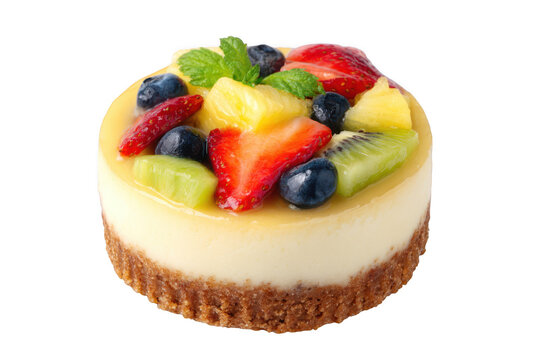 Colorful fruit cheesecake with strawberries blueberries kiwi and mint on white surface