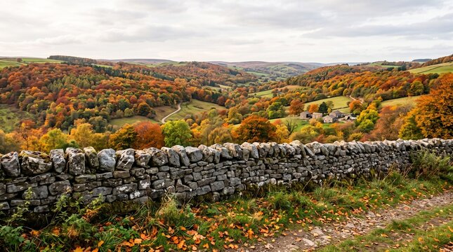 Breathtaking autumn landscape with stone wall and rolling hills