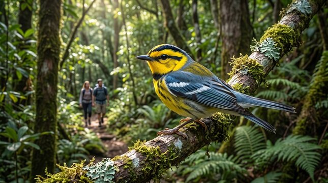 Vibrant blue and yellow bird perched in lush forest with hikers in background