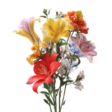 Colorful bouquet of lilies and flowers with vibrant red orange yellow and pink blooms