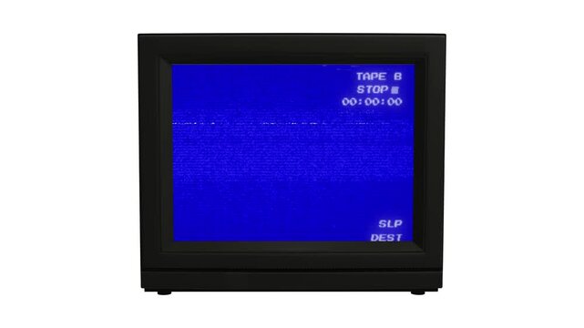 Retro video player displaying static on a blue screen with timestamp data, evoking a sense of nostalgia for vintage media