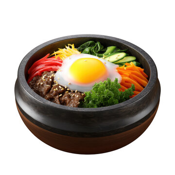 Delicious Korean beef bowl with fried egg and fresh colorful vegetables in wooden bowl
