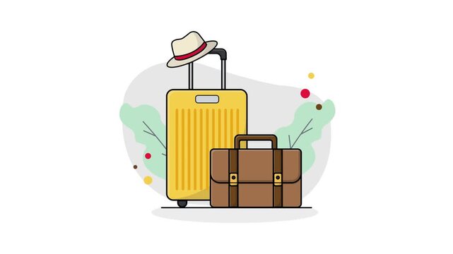 Flat design vector illustration of travel luggage and briefcase with a hat