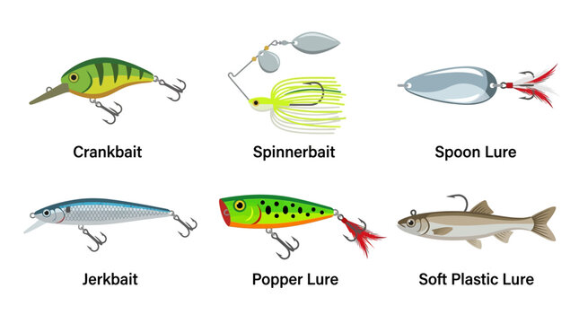 Collection of colorful artificial fishing lures and tackle equipment vector illustration