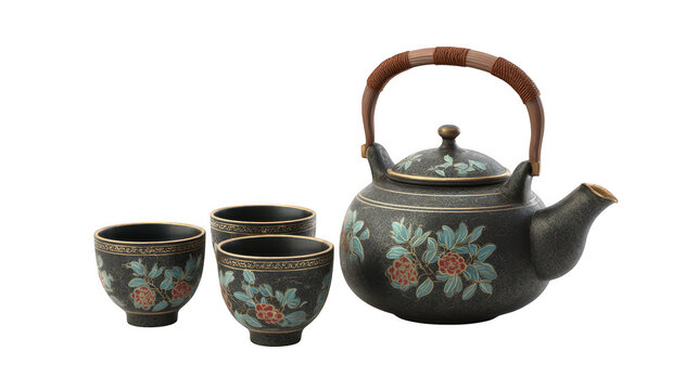 Elegant floral ceramic tea set with matching teapot and two cups displayed together