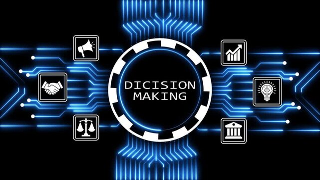 Decision making displayed on animated circuit board with digital icons for data analysis.