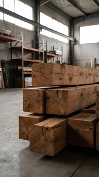 Stacked timber beams in an industrial wood warehouse.
