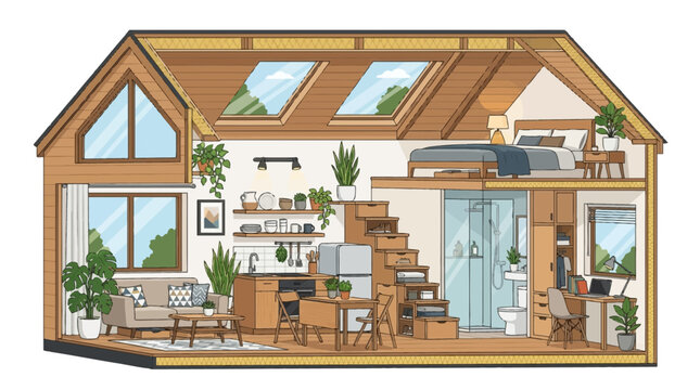 Modern Tiny House Interior Cross Section with Wooden Furniture and Plants