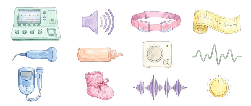 Pregnancy Ultrasound Fetal Doppler Clipart with medical monitoring equipment, cardiotocography CTG machine, gel bottle, baby booty, heartbeat soundwaves watercolor illustrations isolated on black.