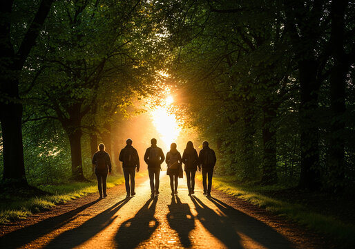 Group of hikers walking on a sunlit forest path, symbolizing adventure, connection, and outdoor exploration.