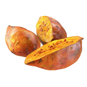 Freshly cut sweet potato halves showing vibrant orange flesh and dark brown skin