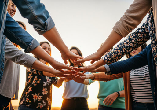 Close up from below on Caucasian activists, men and women with kid putting hand on hand in circle and making gesture of cooperation and coworking. Successful volunteering work together concept.
