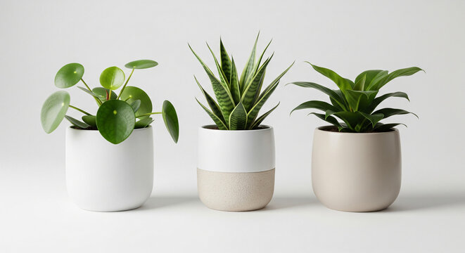 Green plant in white pot on white background.