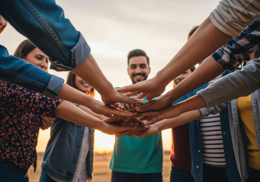 Close up from below on Caucasian activists, men and women with kid putting hand on hand in circle and making gesture of cooperation and coworking. Successful volunteering work together concept.