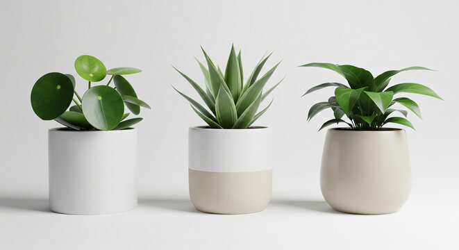 Green plant in white pot on white background.