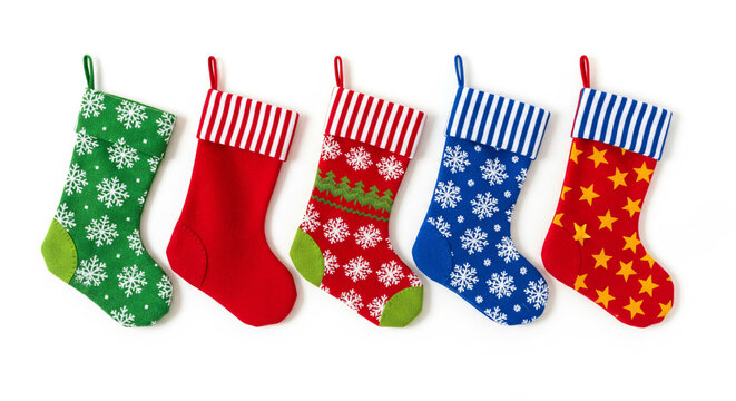 Collection of festive Christmas stockings in various red and green patterns against a white background