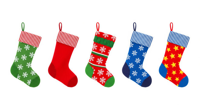 Collection of festive Christmas stockings in various red and green patterns against a white background