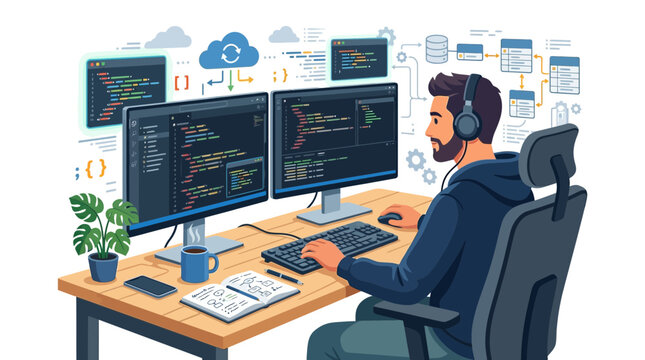 Software developer working on dual monitors at modern workspace